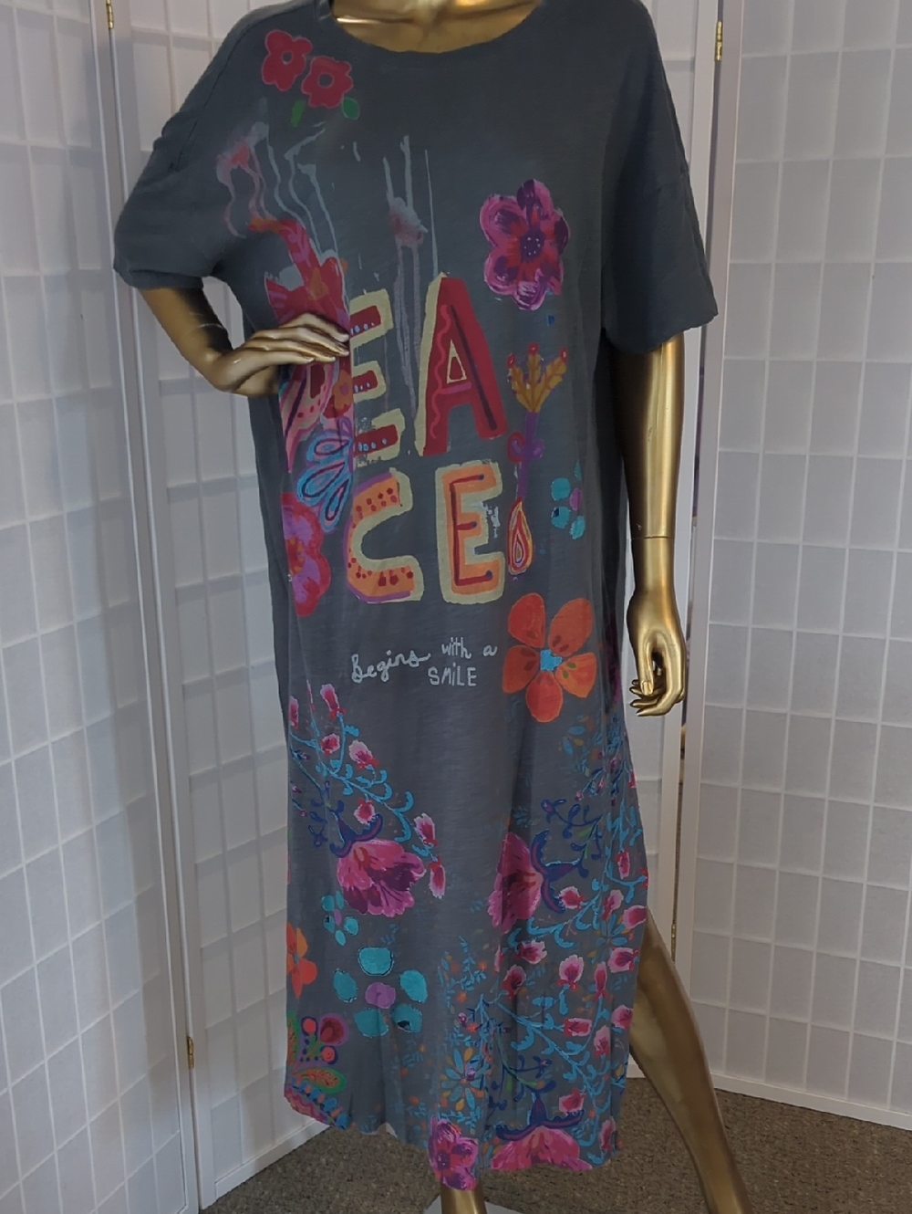 NATURAL LIFE Charcoal Gray Maxi Dress with Multicolor Floral Peace Graphic
